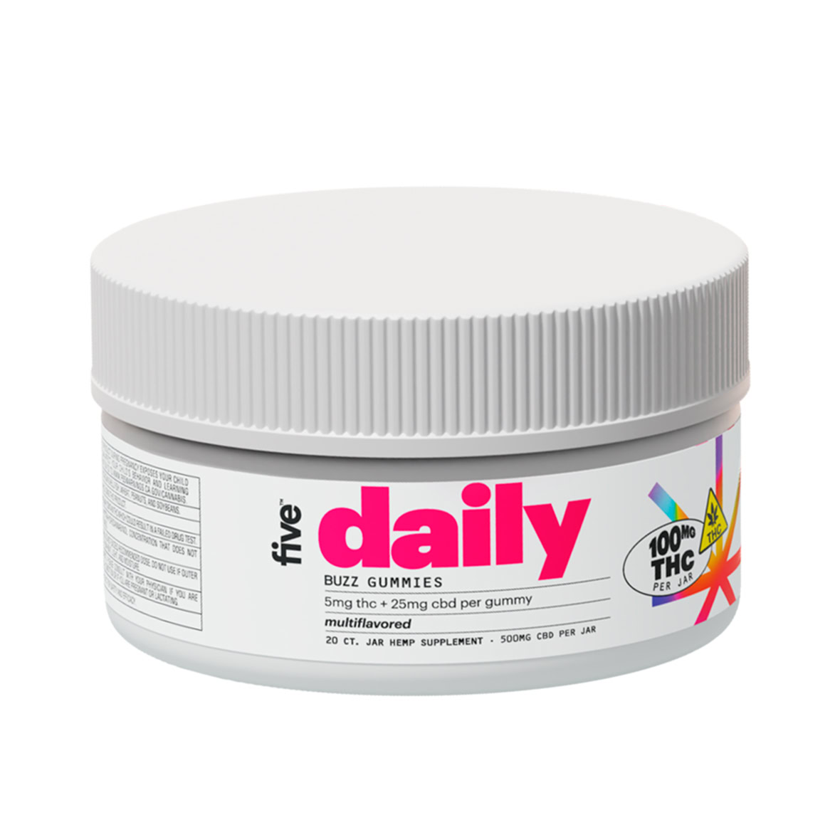 five-Daily-Buzz-CBDTHC-Gummies-Multiflavored-Full-Spectrum-20ct-100mg-THC-500mg-CBD-2 five Gummies
